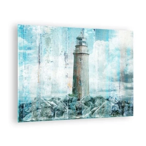 Obraz na skle - Starožitný maják s oblakmi v pozadí - 70x50cm - Na starom dreve - Moderná nástenná dekorácia do obývacej izby a spálne ARTTOR