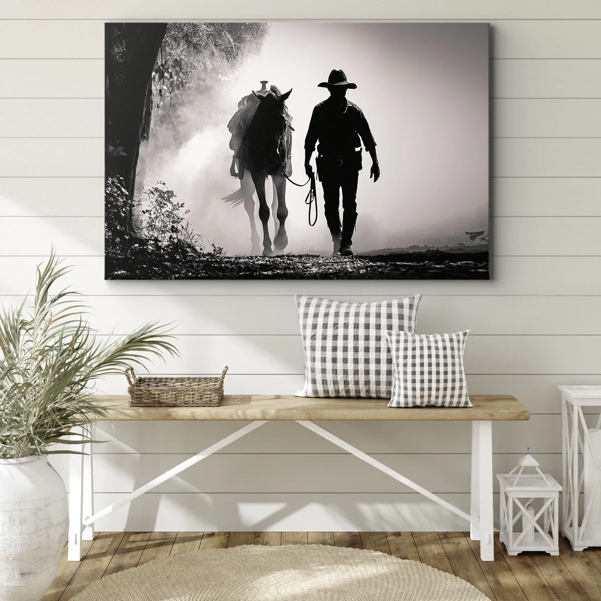 Obraz na plátne - Kovboj s koňom v rannej hmle - 70x50cm - Texaské ráno - Moderná nástenná dekorácia do obývacej izby a spálne ARTTOR