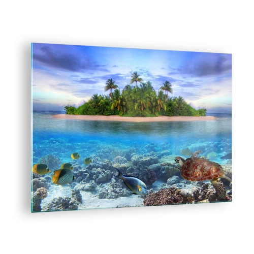 Obraz na skle - Tropický ostrov s koralovým útesom a morským životom - 70x50cm - Nebeský ostrov pozýva - Moderná nástenná dekorácia do obývacej izby a spálne ARTTOR