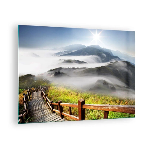 Obraz na skle - Horská krajina s hmlou a dreveným chodníkom pri východe slnka - 70x50cm - Utkané zo žiary a hmly - Moderná nástenná dekorácia do obývacej izby a spálne ARTTOR