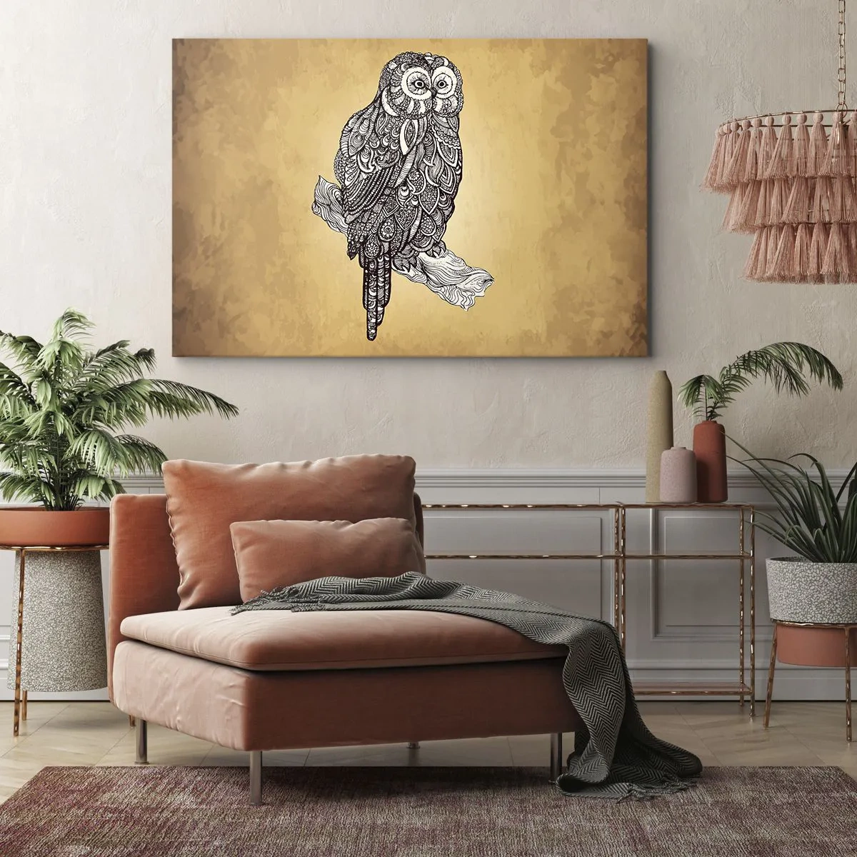 Obraz na plátne - Sova v ornamentálnom štýle na béžovom pozadí - 70x50cm - Majstrovské ornamenty múdrosti - Moderná nástenná dekorácia do obývacej izby a spálne ARTTOR