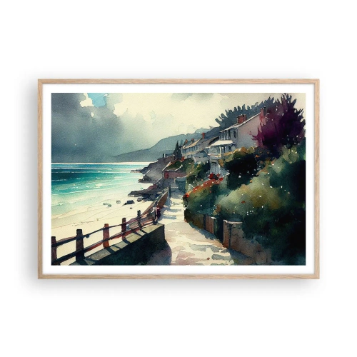 Plagát v ráme zo svetlého duba - Stredomorské mestečko - 100x70 cm