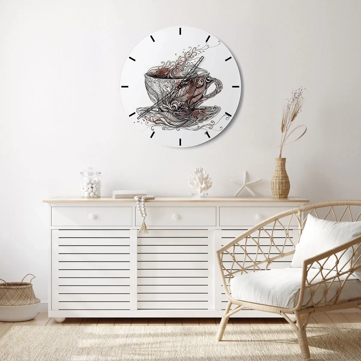 Nástenné hodiny - Šálka kávy s umeleckým vzorom - 30x30cm - Čaj dobrý na všetko - Moderná nástenná dekorácia do obývacej izby, kuchyne a spálne ARTTOR