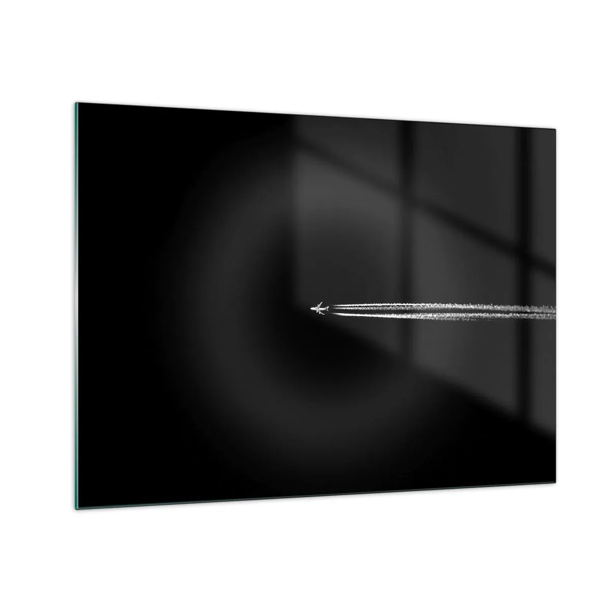 Obraz na skle - Prúdové lietadlo na čiernom pozadí s kondenzačnou stopou - 70x50cm - Do inej dimenzie - Moderná nástenná dekorácia do obývacej izby a spálne ARTTOR