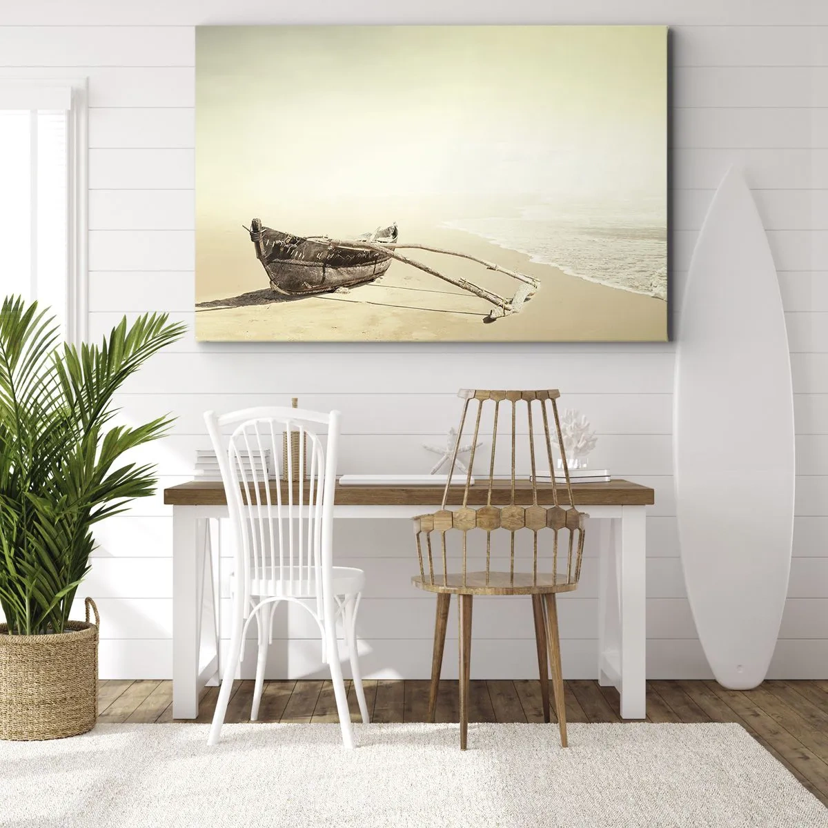 Obraz na plátne - Stará rybárska loď na piesočnatej pláži - 70x50cm - Spomienka na južné more - Moderná nástenná dekorácia do obývacej izby a spálne ARTTOR