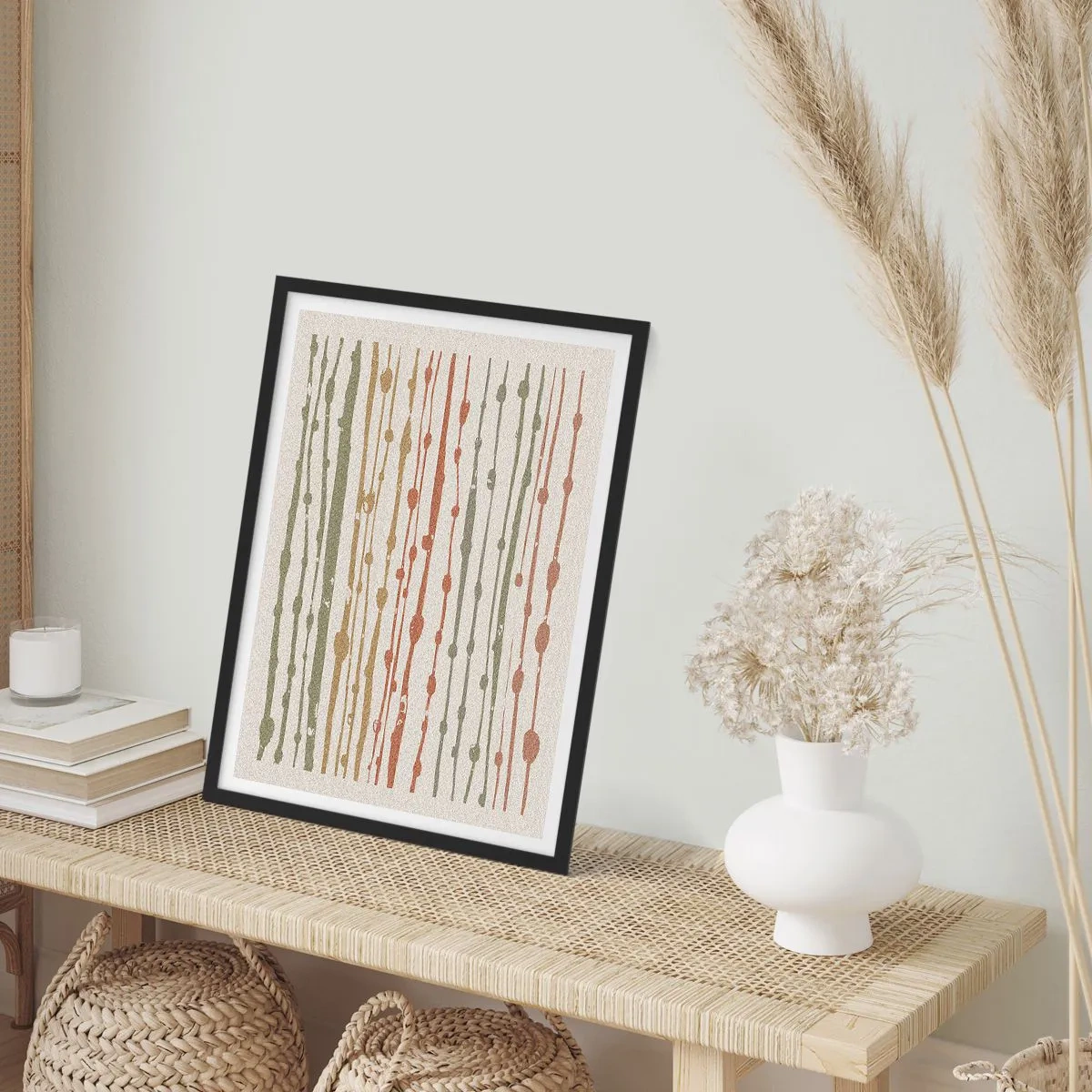 Plagát v čiernom ráme - Abstraktné zvislé čiary v prírodných odtieňoch - 50x70cm - Hudobný záznam farieb - Moderná nástenná dekorácia do obývacej izby a spálne ARTTOR