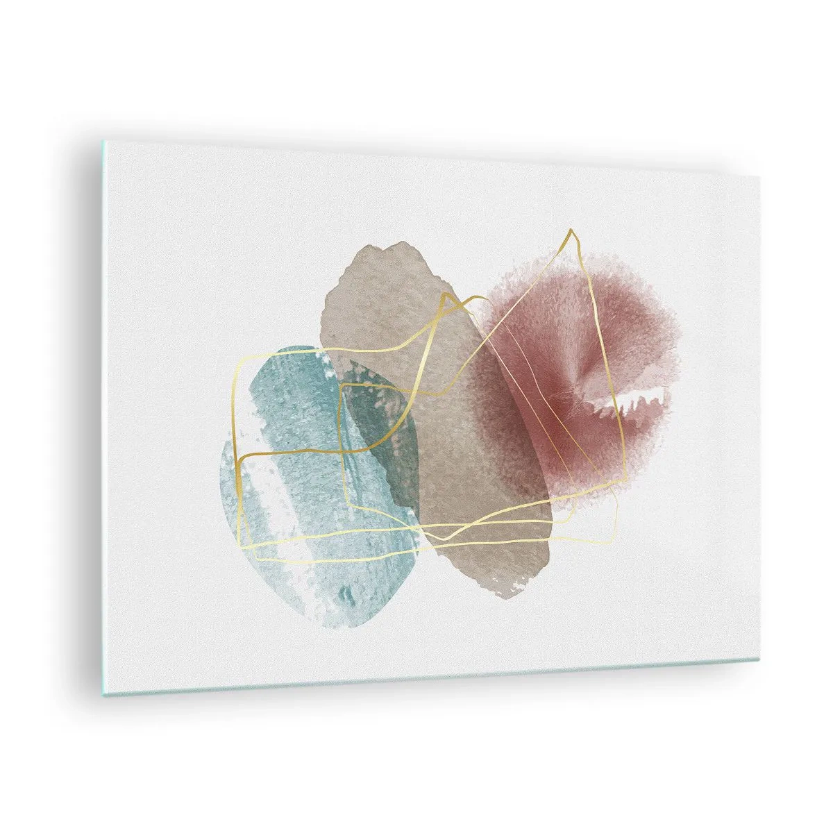 Obraz na skle - Abstraktné akvarelové špliechajúce farby a zlaté čiary - 70x50cm - Korálky priestoru - Moderná nástenná dekorácia do obývacej izby a spálne ARTTOR