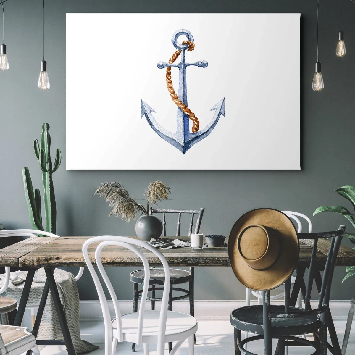 Obraz na plátne - Kotva s lanom v akvarelovom štýle - 70x50cm - Ahoj, dobrodružstvo! - Moderná nástenná dekorácia do obývacej izby a spálne ARTTOR