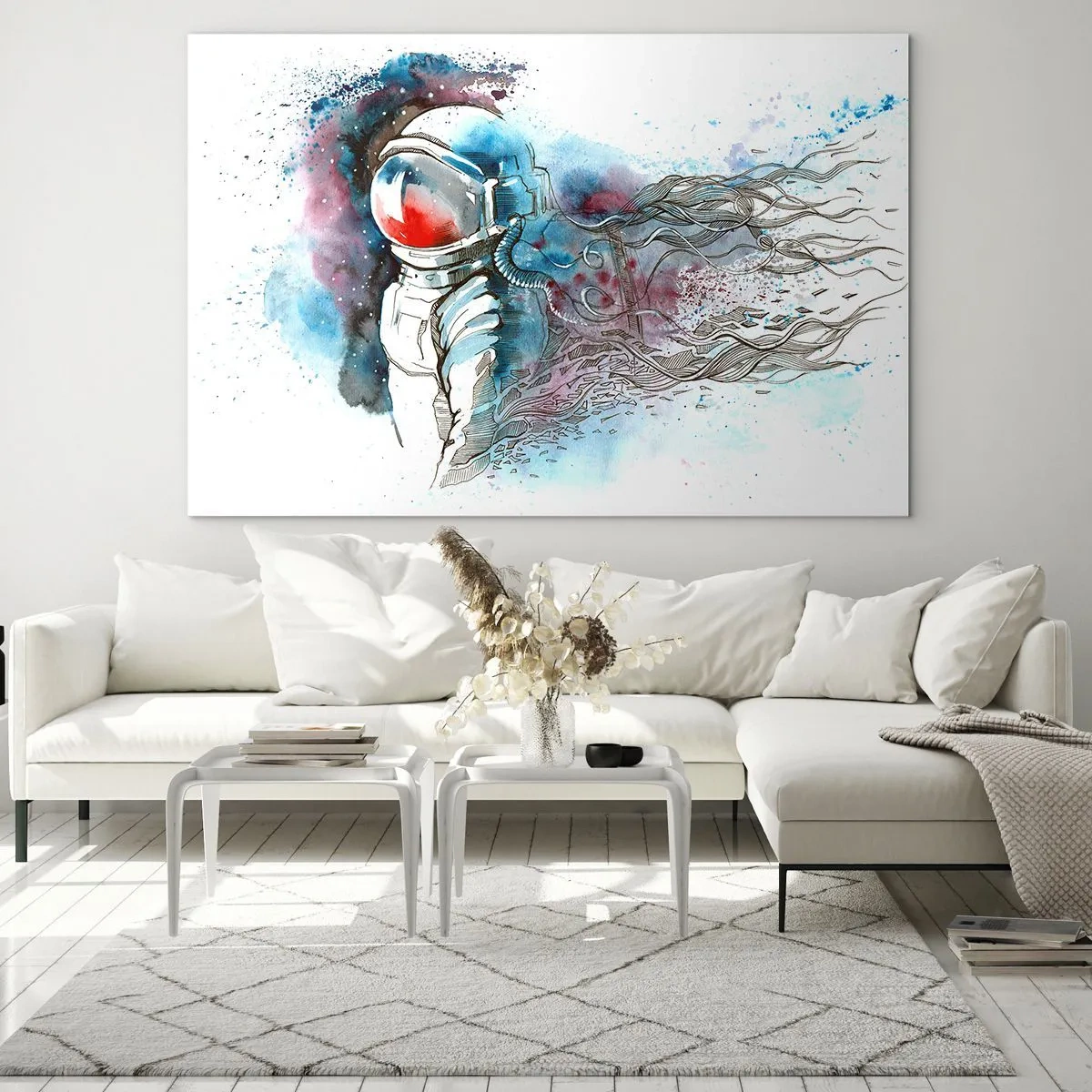 Obraz na skle - Astronaut v dynamickom vesmírnom prostredí s akvarelovou farbou - 70x50cm - Sám s vesmírom - Moderná nástenná dekorácia do obývacej izby a spálne ARTTOR