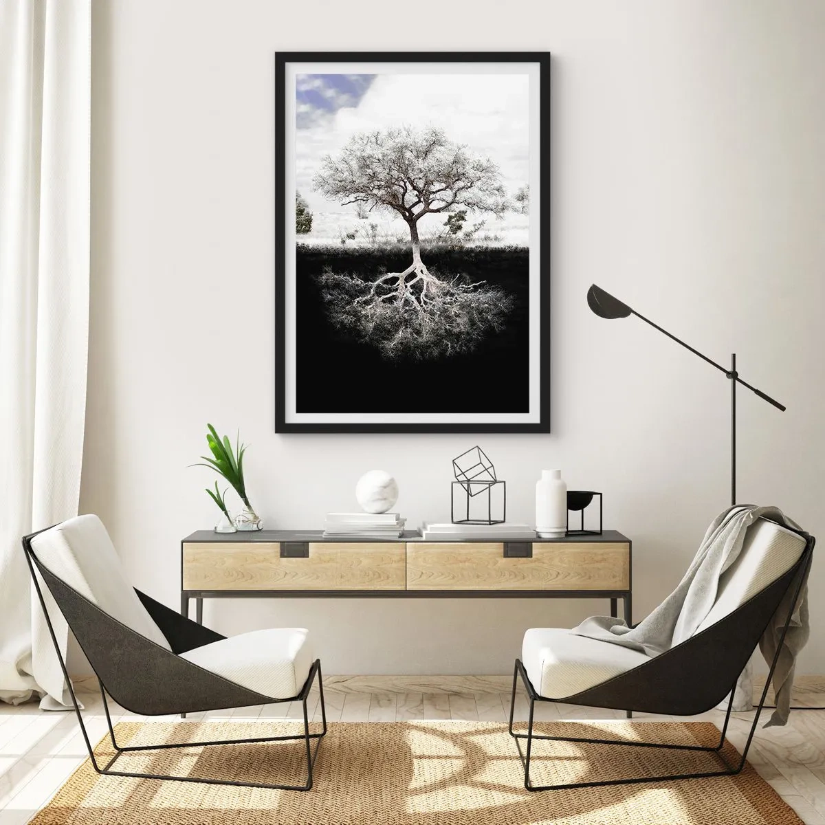 Plagát v čiernom ráme - Minimalistický strom s viditeľným koreňovým systémom - 50x70cm - Objavenie podstaty sveta - Moderná nástenná dekorácia do obývacej izby a spálne ARTTOR