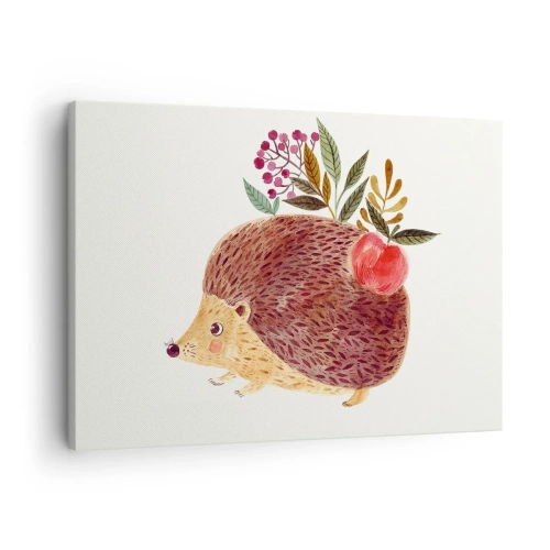 Obraz na plátne - Roztomilý ježko s jablkom a rastlinami v ilustračnom štýle - 70x50cm - A už ma máš rád - Moderná nástenná dekorácia do obývacej izby a spálne ARTTOR