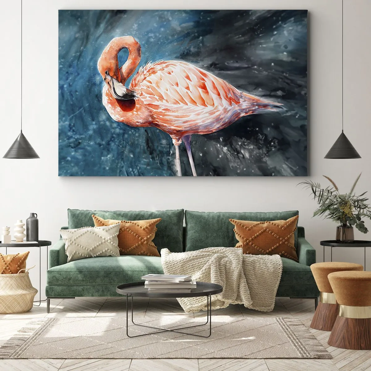 Obraz na plátne - Ružový plameniak na modrom akvarelovom pozadí - 70x50cm - Dekoratívne od prírody - Moderná nástenná dekorácia do obývacej izby a spálne ARTTOR