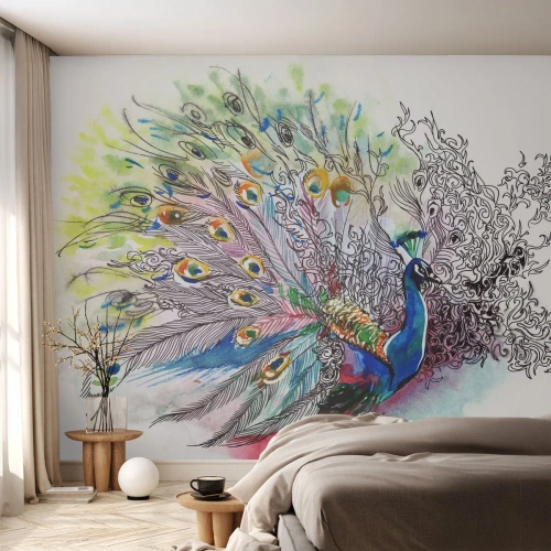 Fototapeta Premium Canvas - S pýchou proti šedi  - Vták, Páv, Perie - 250x175 cm