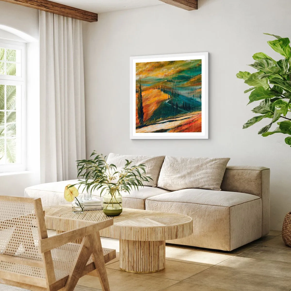 Plagát v bielom ráme - Toskánska krajina - 50x50 cm