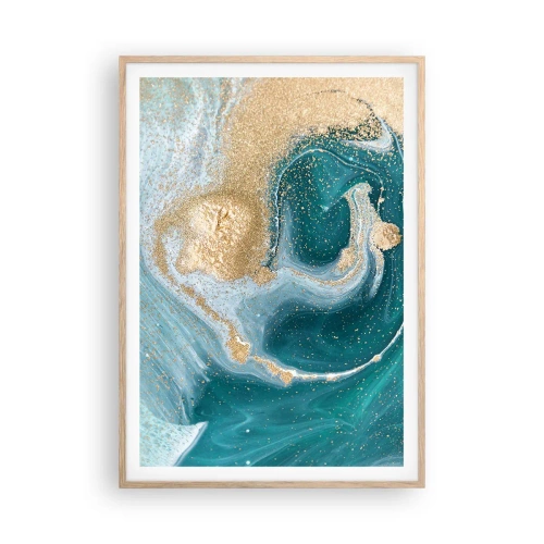 Plagát v ráme zo svetlého duba - Vír zlatej a tyrkysovej - 70x100 cm