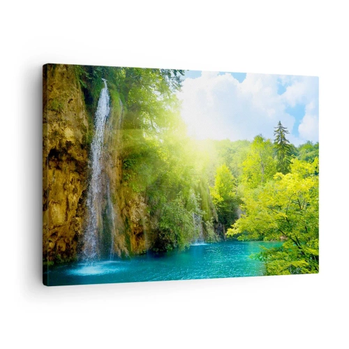 Obraz na plátne - Vodopád tečúci do tyrkysového jazera obklopeného zeleňou - 70x50cm - To musí byť Eden - Moderná nástenná dekorácia do obývacej izby a spálne ARTTOR