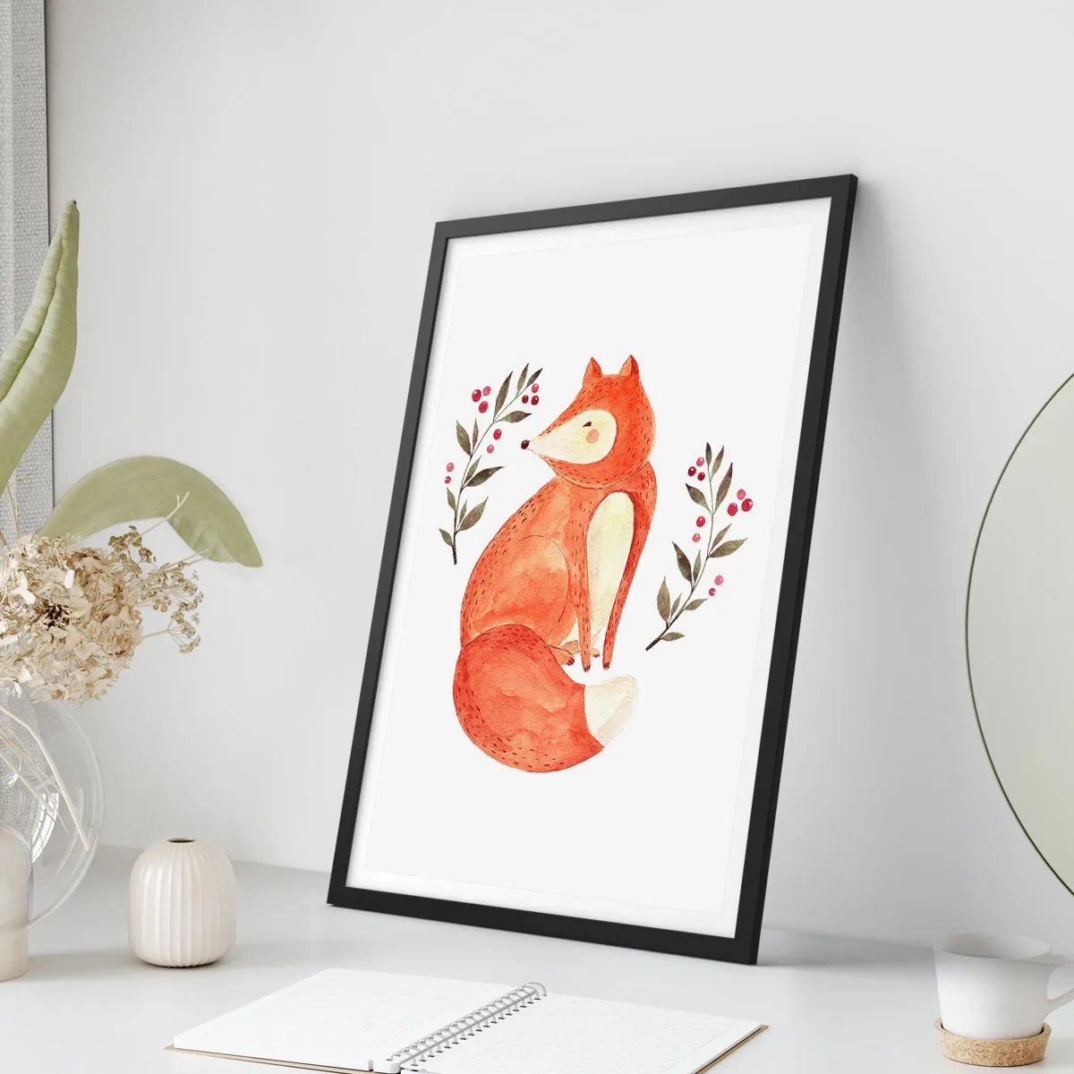 Plagát v čiernom ráme - Ilustrácia líšky obklopenej konármi s červeným ovocím - 50x70cm - Malý hrdzavec - Moderná nástenná dekorácia do obývacej izby a spálne ARTTOR