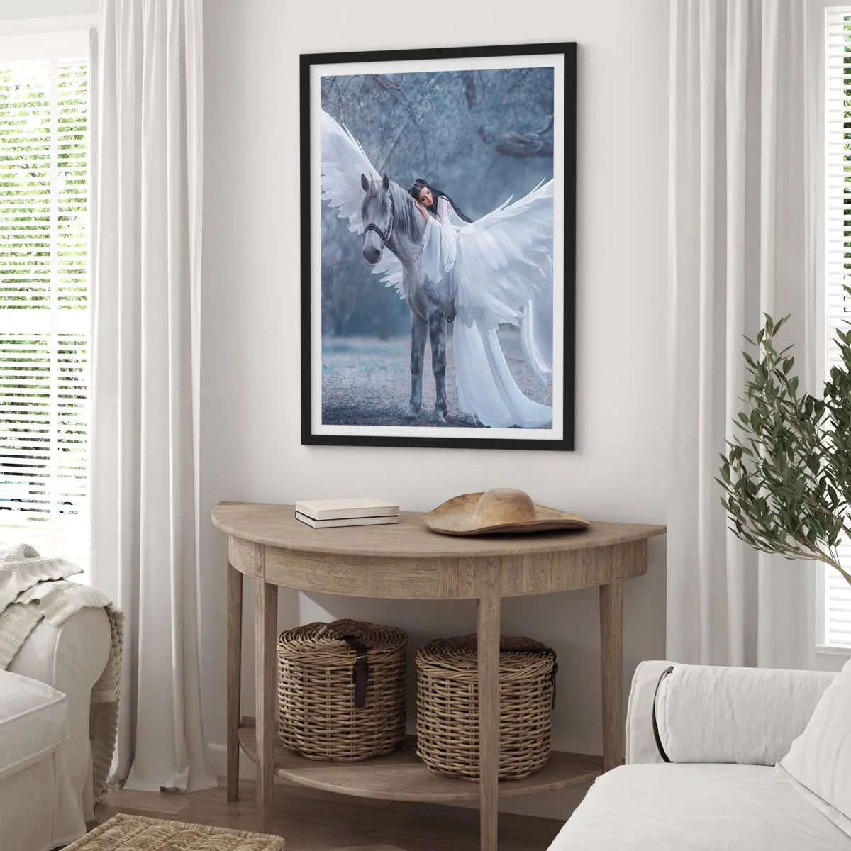 Plagát v čiernom ráme - Pegas s bielymi krídlami a éterickou postavou - 50x70cm - Nadšený okamih - Moderná nástenná dekorácia do obývacej izby a spálne ARTTOR