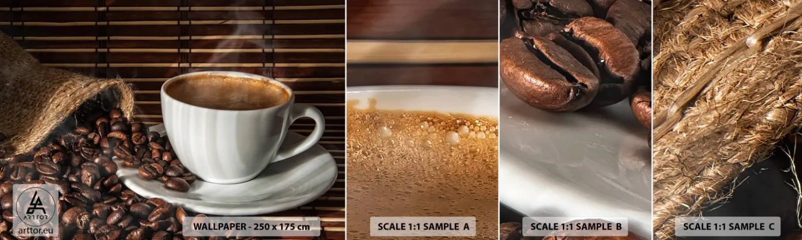 Vzorka Fototapeta Standard Eco - Čiernosť uhlia, priezračnosť jantáru - Gastronómia, Káva, šálka kávy - 100x30 cm