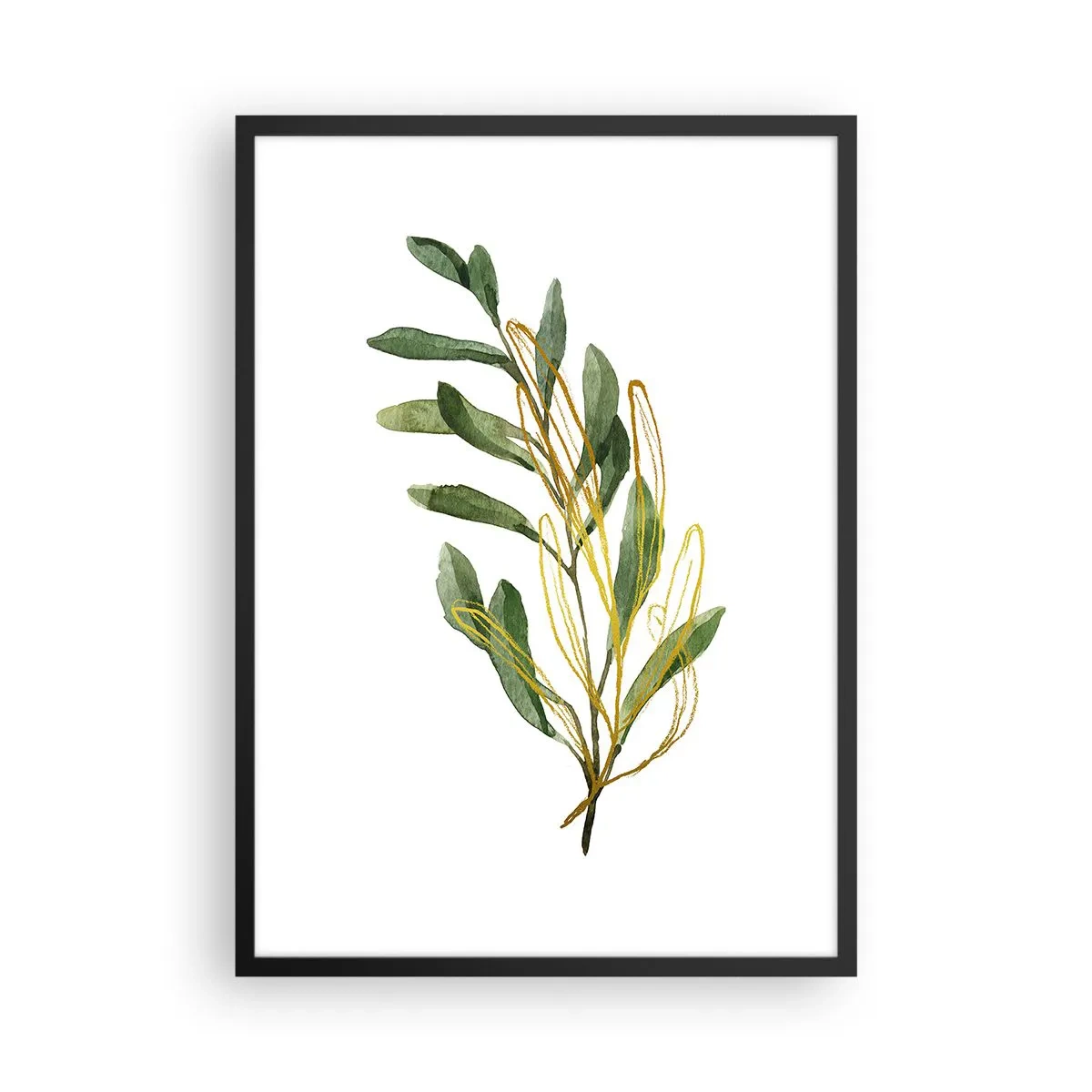 Plagát v čiernom ráme - Akvarelová vetvička s jemnými zlatými akcentmi - 50x70cm - Všetko, čo je dobré - Moderná nástenná dekorácia do obývacej izby a spálne ARTTOR