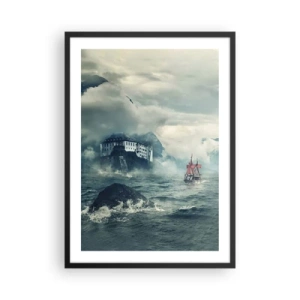 Plagát v čiernom ráme - Loď na rozbúrenom mori neďaleko hradu v hmle - 50x70cm - V kúzelných vodách - Moderná nástenná dekorácia do obývacej izby a spálne ARTTOR