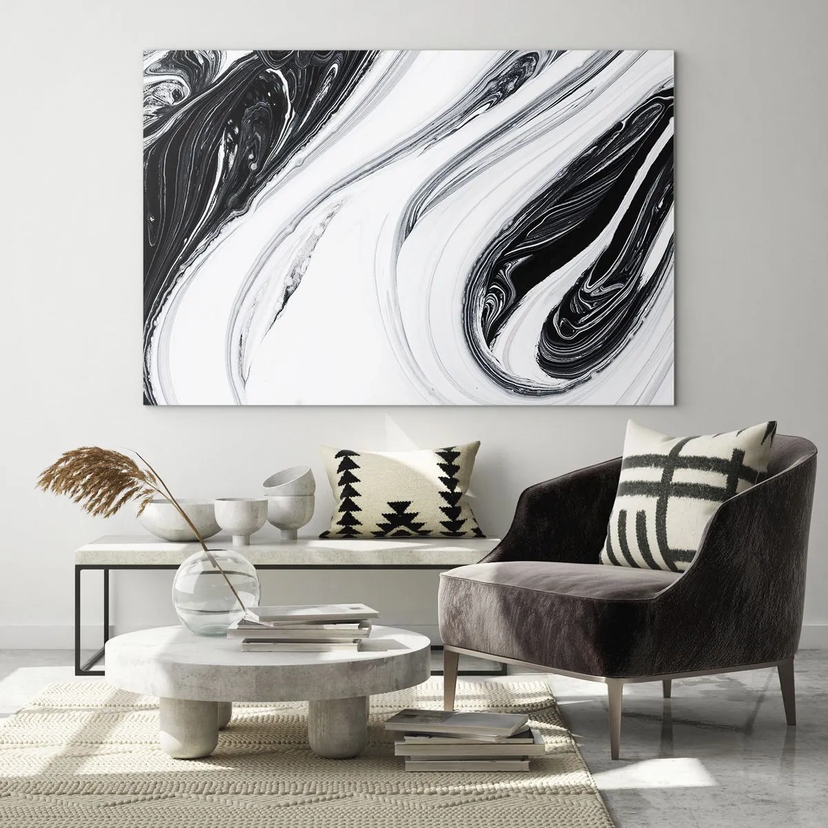 Obraz na skle - Čiernobiele vírivé čiary pripomínajúce mramor v abstraktnom štýle - 70x50cm - Spojenie protikladov - Moderná nástenná dekorácia do obývacej izby a spálne ARTTOR