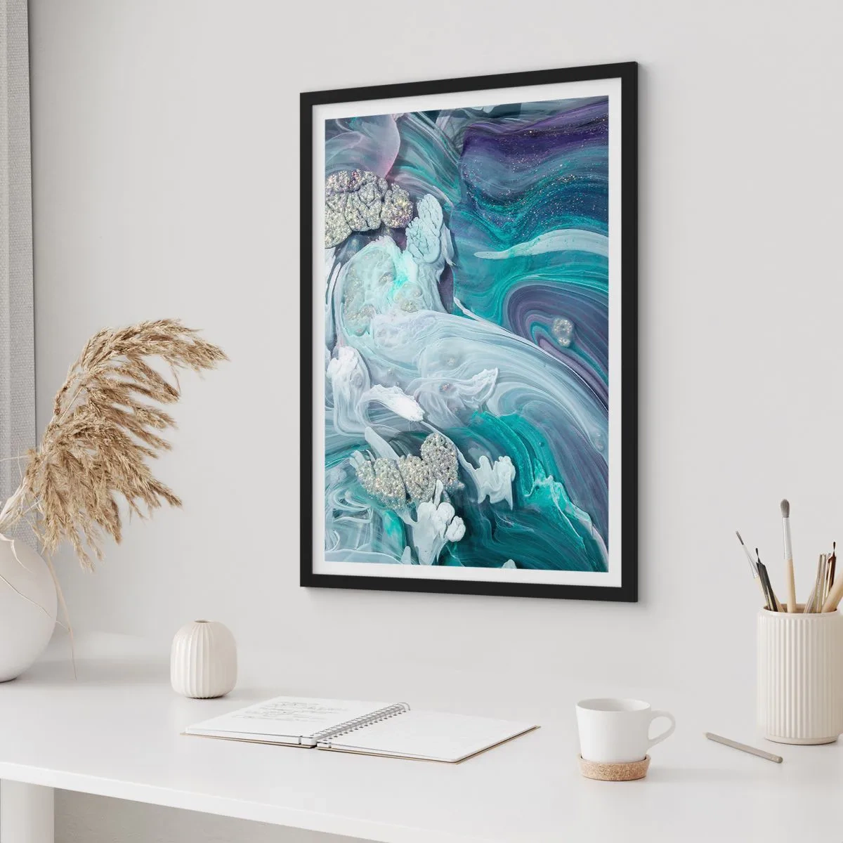 Plagát v čiernom ráme - Prúdy modrej - 70x100 cm