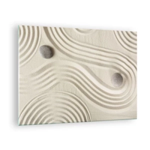 Obraz na skle - Minimalistický piesok s kamienkami a geometrickými vzormi - 70x50cm - Dotyk tepla - Moderná nástenná dekorácia do obývacej izby a spálne ARTTOR