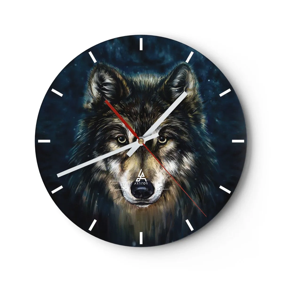 Nástenné hodiny - Portrét vlka na pozadí tmavomodrej nočnej oblohy - 30x30cm - Alfa? A omega - Moderná nástenná dekorácia do obývacej izby, kuchyne a spálne ARTTOR