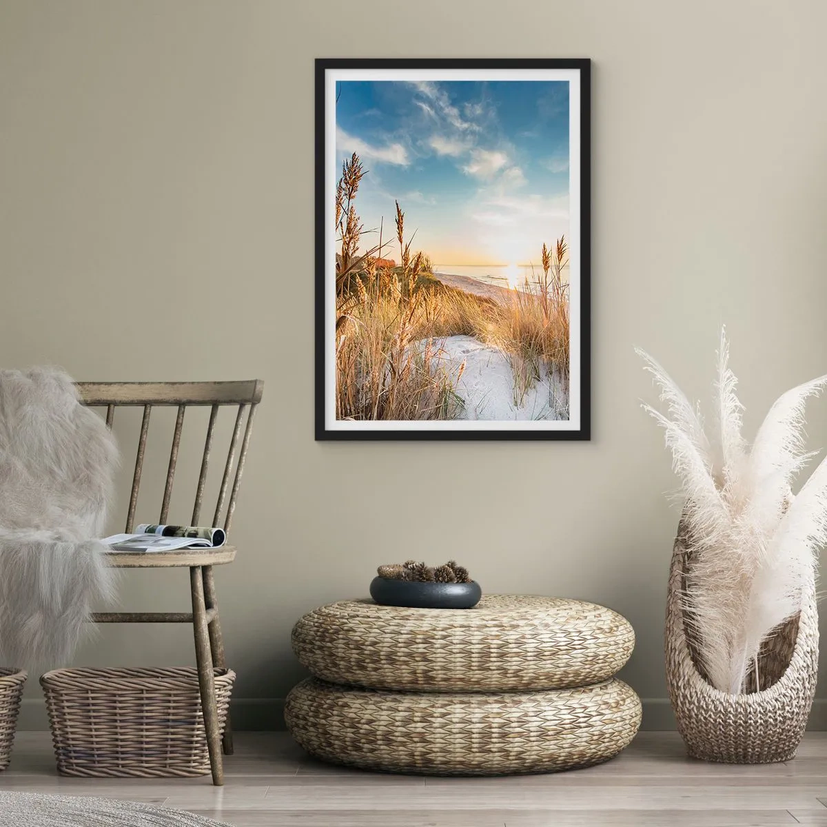 Plagát v čiernom ráme - Krajina slnečnej pláže s trávami na dunách - 50x70cm - Severná pláž - Moderná nástenná dekorácia do obývacej izby a spálne ARTTOR