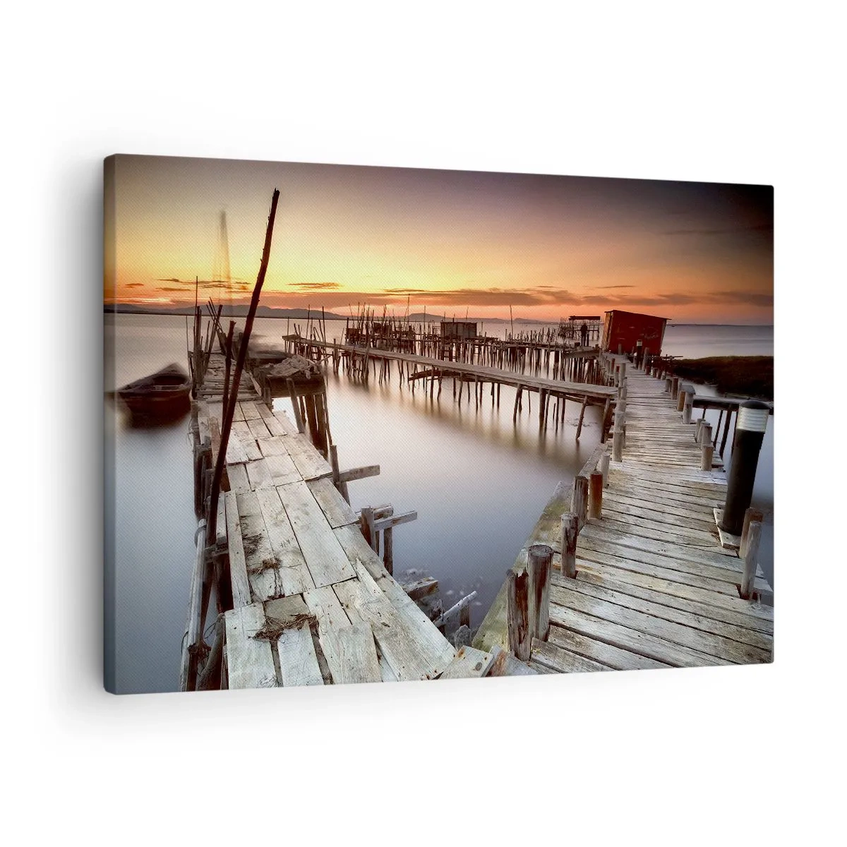 Obraz na plátne - Drevené móla na pokojnej vode pri západe slnka - 70x50cm - Autentickosť, nie turistická atrapa - Moderná nástenná dekorácia do obývacej izby a spálne ARTTOR