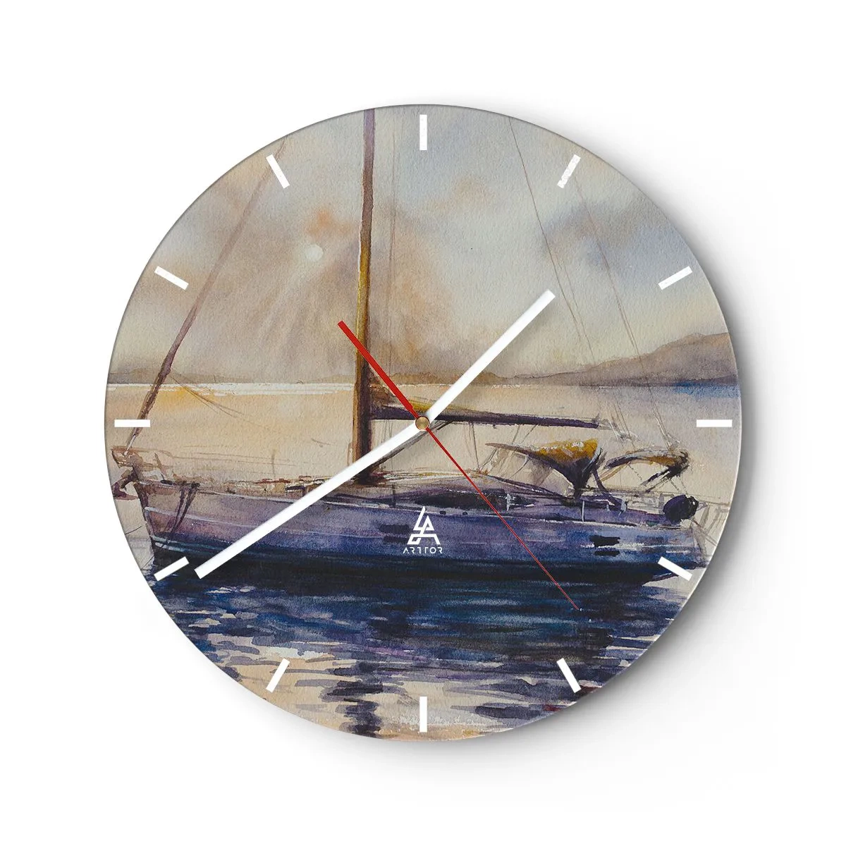 Nástenné hodiny - Jachta na vode pri západe slnka v akvarelovom štýle - 30x30cm - Večer v zátoke - Moderná nástenná dekorácia do obývacej izby, kuchyne a spálne ARTTOR