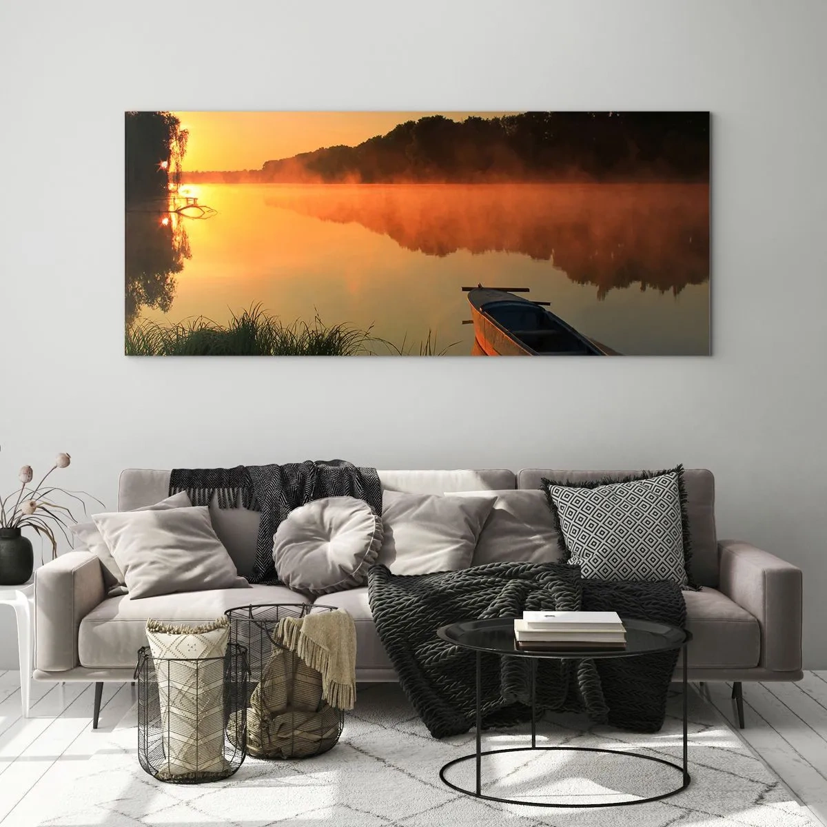 Obraz na skle - Východ slnka pri vode ako povrch zrkadla - 160x50 cm