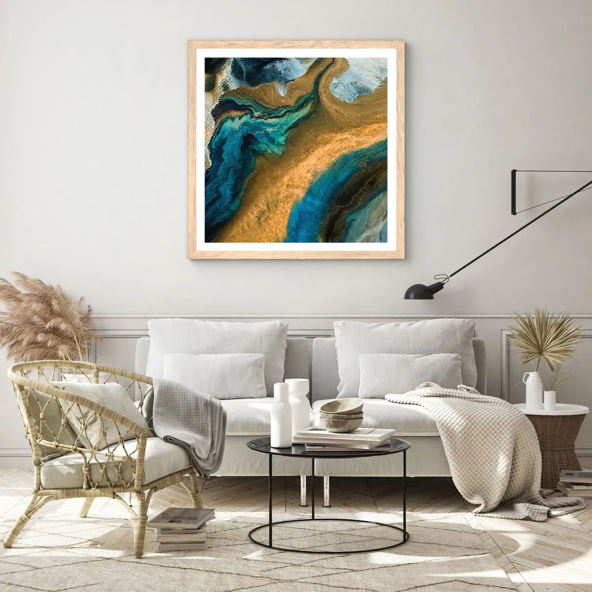 Plagát v ráme zo svetlého duba - Modrá – žltá – vzájomné vplyvy - 50x50 cm