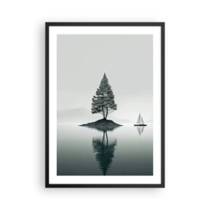 Plagát v čiernom ráme - Osamelý strom na ostrove s odrazom vo vode - 50x70cm - Snívanie - Moderná nástenná dekorácia do obývacej izby a spálne ARTTOR