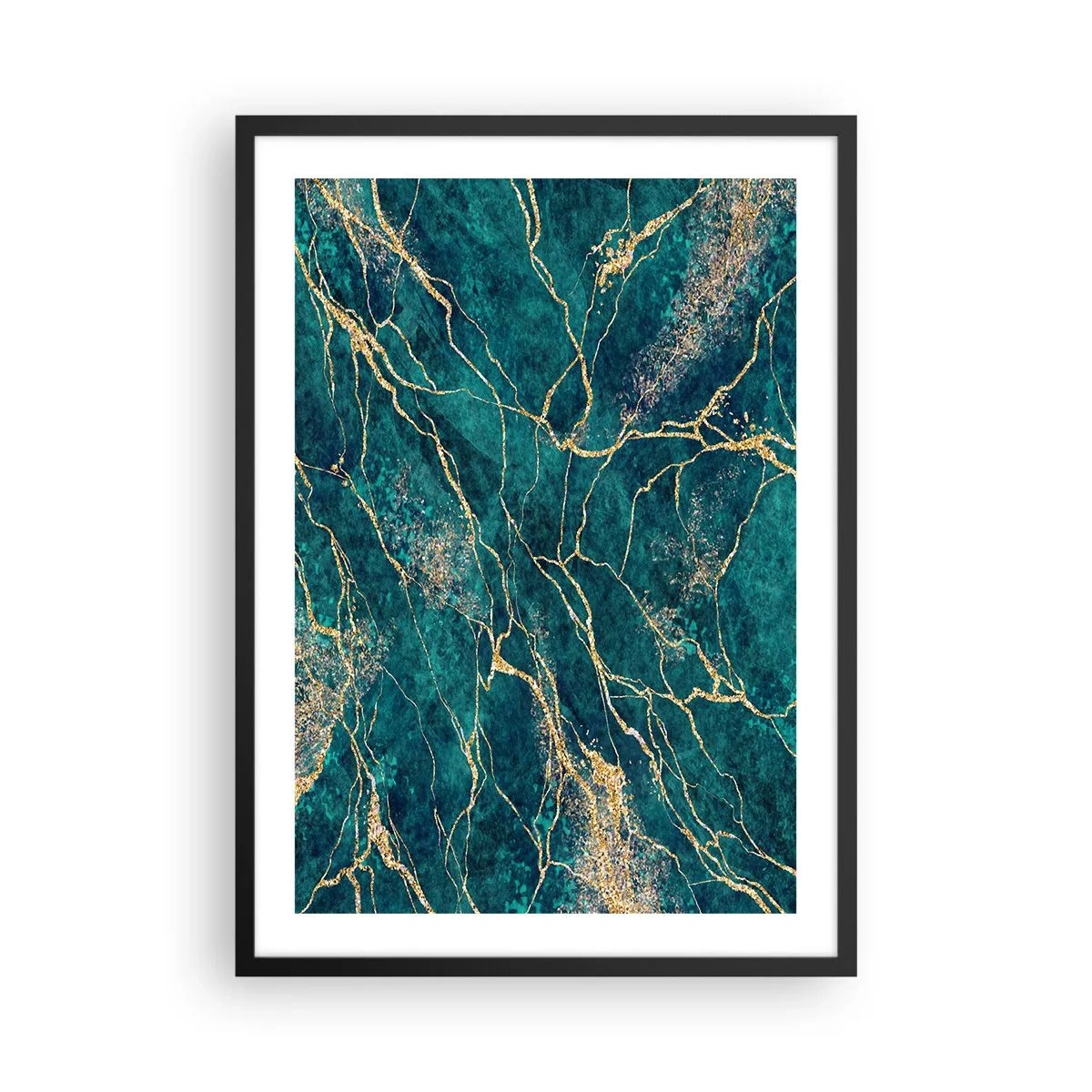 Plagát v čiernom ráme - Abstraktné zlaté žily na zelenom mramorovom pozadí - 50x70cm - Zlatá žila - Moderná nástenná dekorácia do obývacej izby a spálne ARTTOR