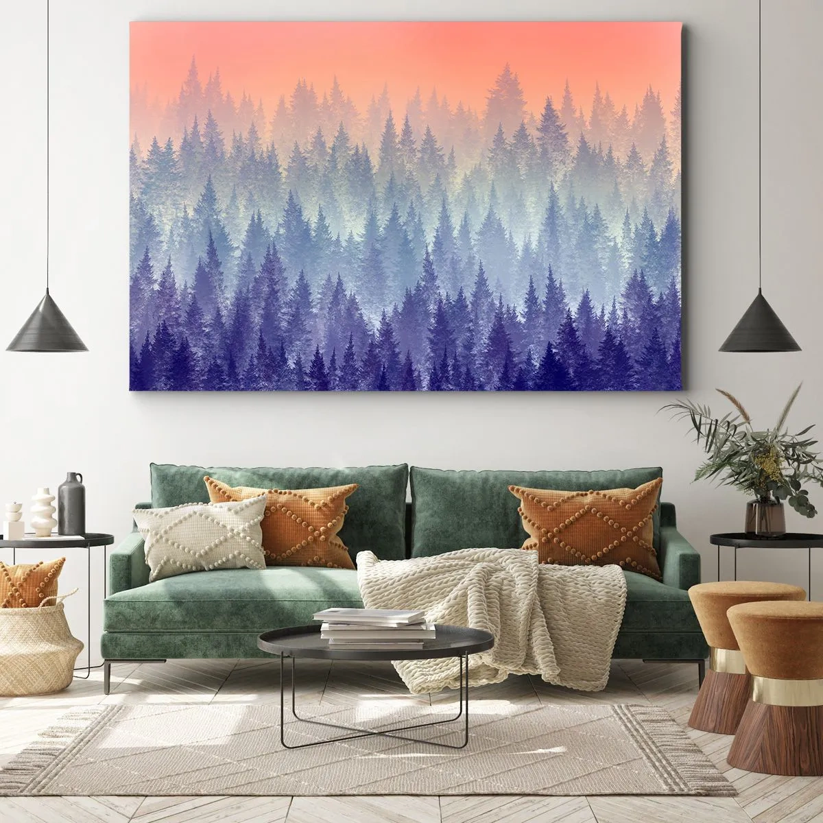 Obraz na plátne - Hmlistý les v odtieňoch fialovej a oranžovej - 70x50cm - Vysoko, vyššie, do neba - Moderná nástenná dekorácia do obývacej izby a spálne ARTTOR