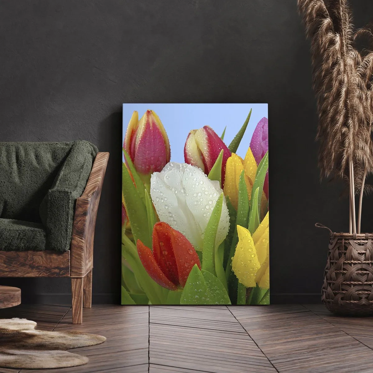 Obraz na plátne - Kvetinová dúha v kvapkách rosy - 50x70 cm