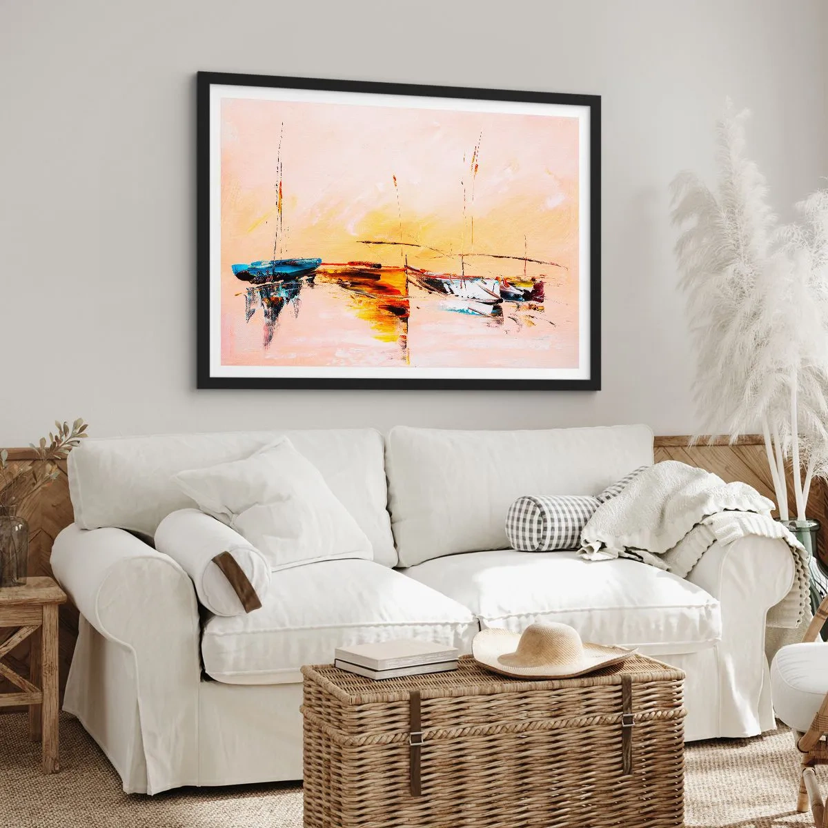 Plagát v čiernom ráme - Večer v prístave - 70x50 cm