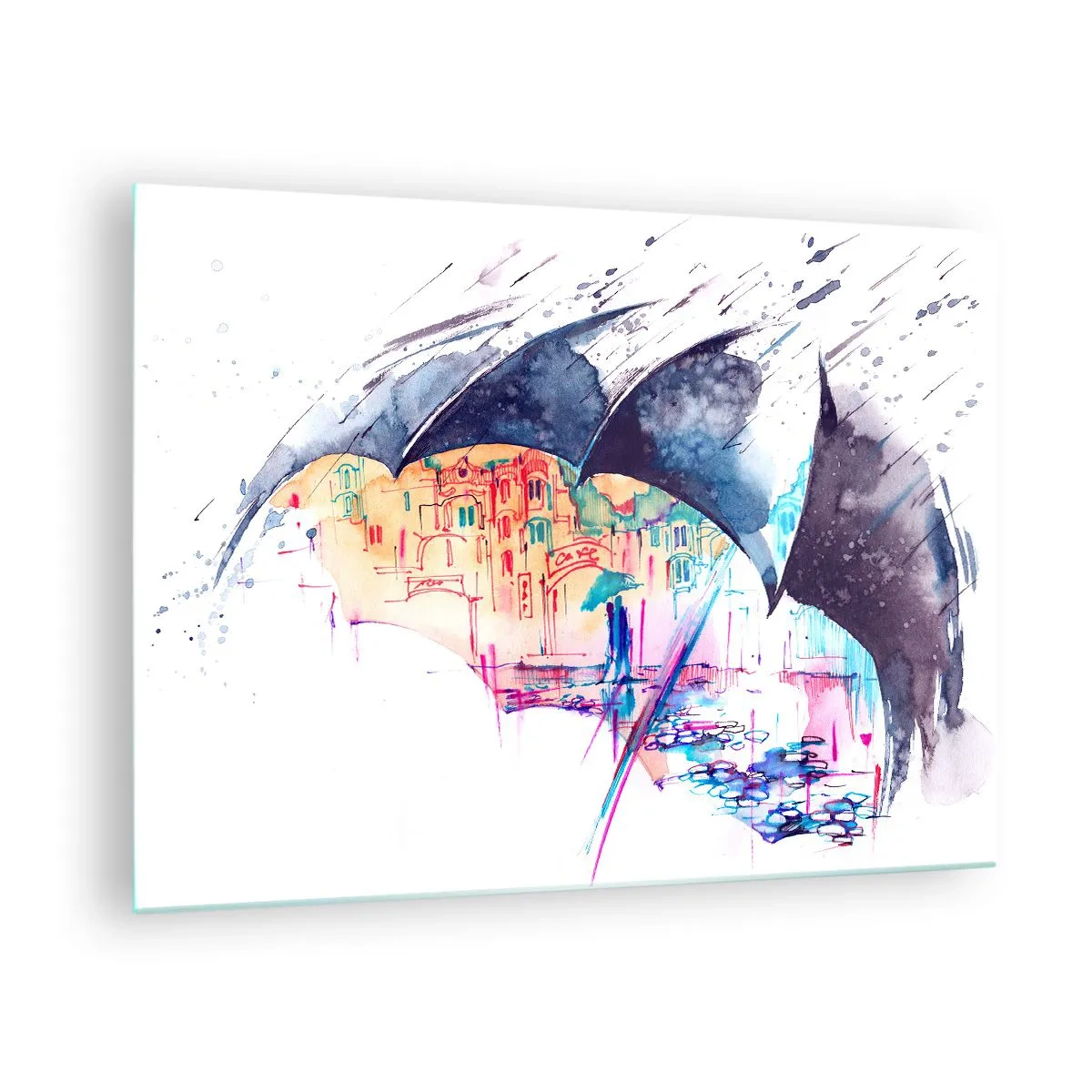 Obraz na skle - Farebné mesto v pozadí pod čiernym dáždnikom - 70x50cm - Prechádzka v daždi - Moderná nástenná dekorácia do obývacej izby a spálne ARTTOR