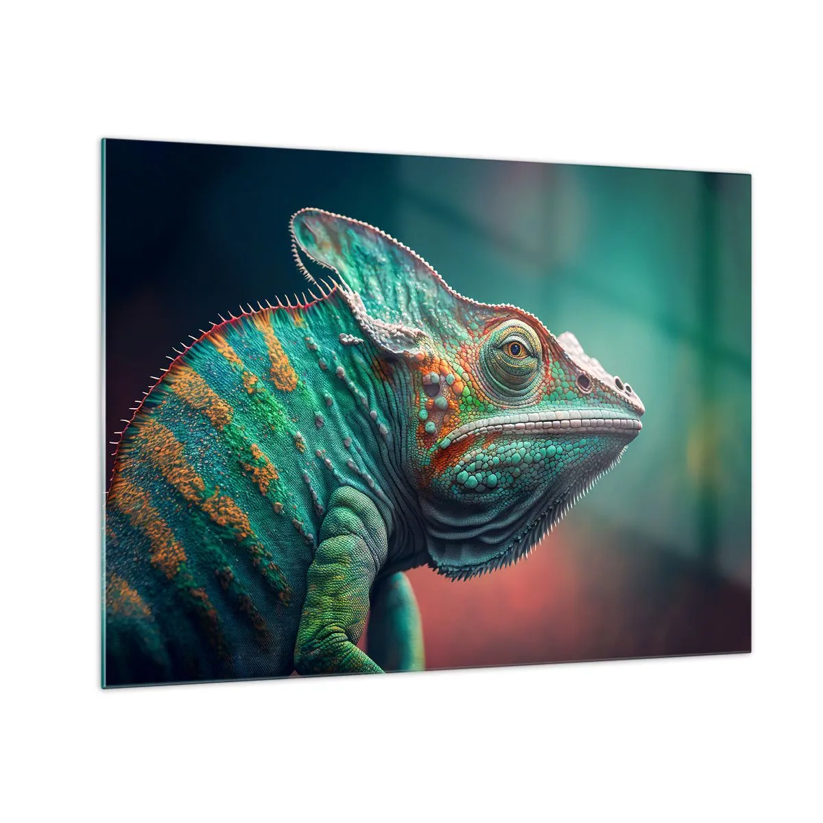 Obraz na skle - Farebný chameleón na rozmazanom pozadí v intenzívnom svetle. - 70x50cm - Vidíš ma? To nie je dobre… - Moderná nástenná dekorácia do obývacej izby a spálne ARTTOR