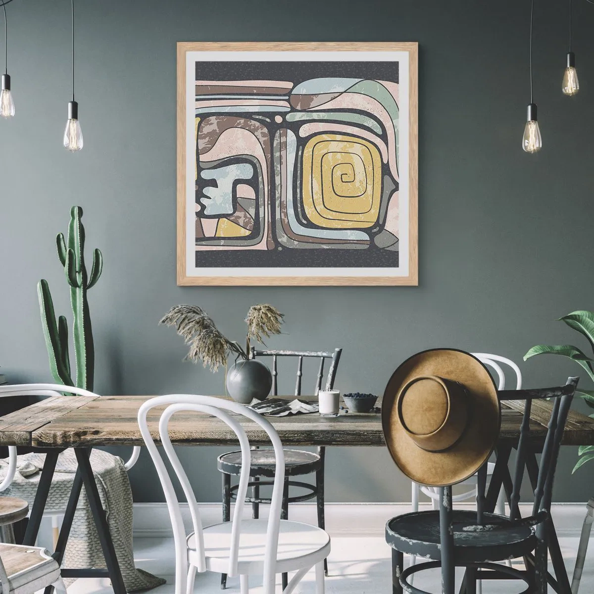 Plagát v ráme zo svetlého duba - Abstrakcia v predkolumbovskom duchu - 60x60 cm