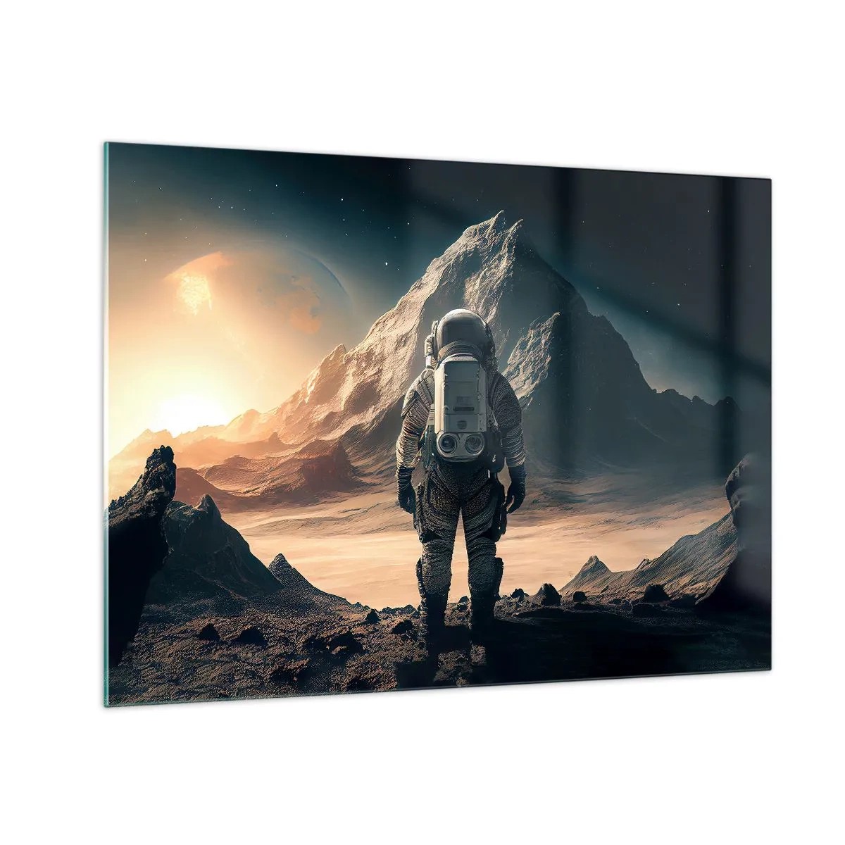 Obraz na skle - Astronaut na cudzej planéte s hornatou krajinou - 70x50cm - Nová výzva - Moderná nástenná dekorácia do obývacej izby a spálne ARTTOR