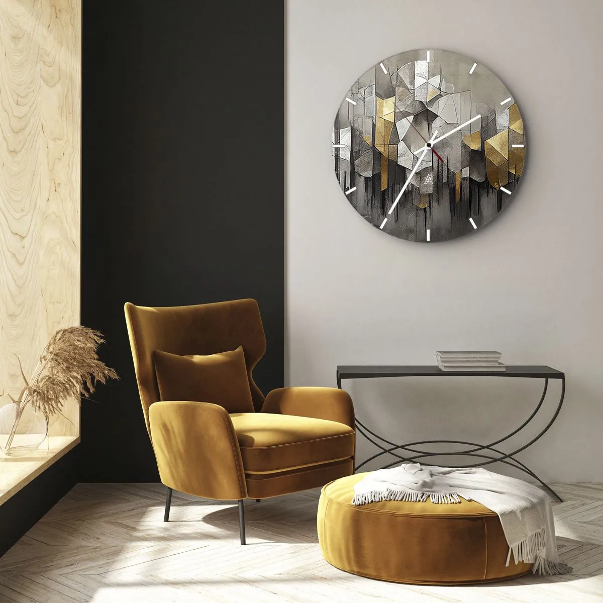 Nástenné hodiny - Geometrická štruktúra s odtieňmi sivej a zlatej - 30x30cm - Kompozícia z ľadu a svetla - Moderná nástenná dekorácia do obývacej izby, kuchyne a spálne ARTTOR