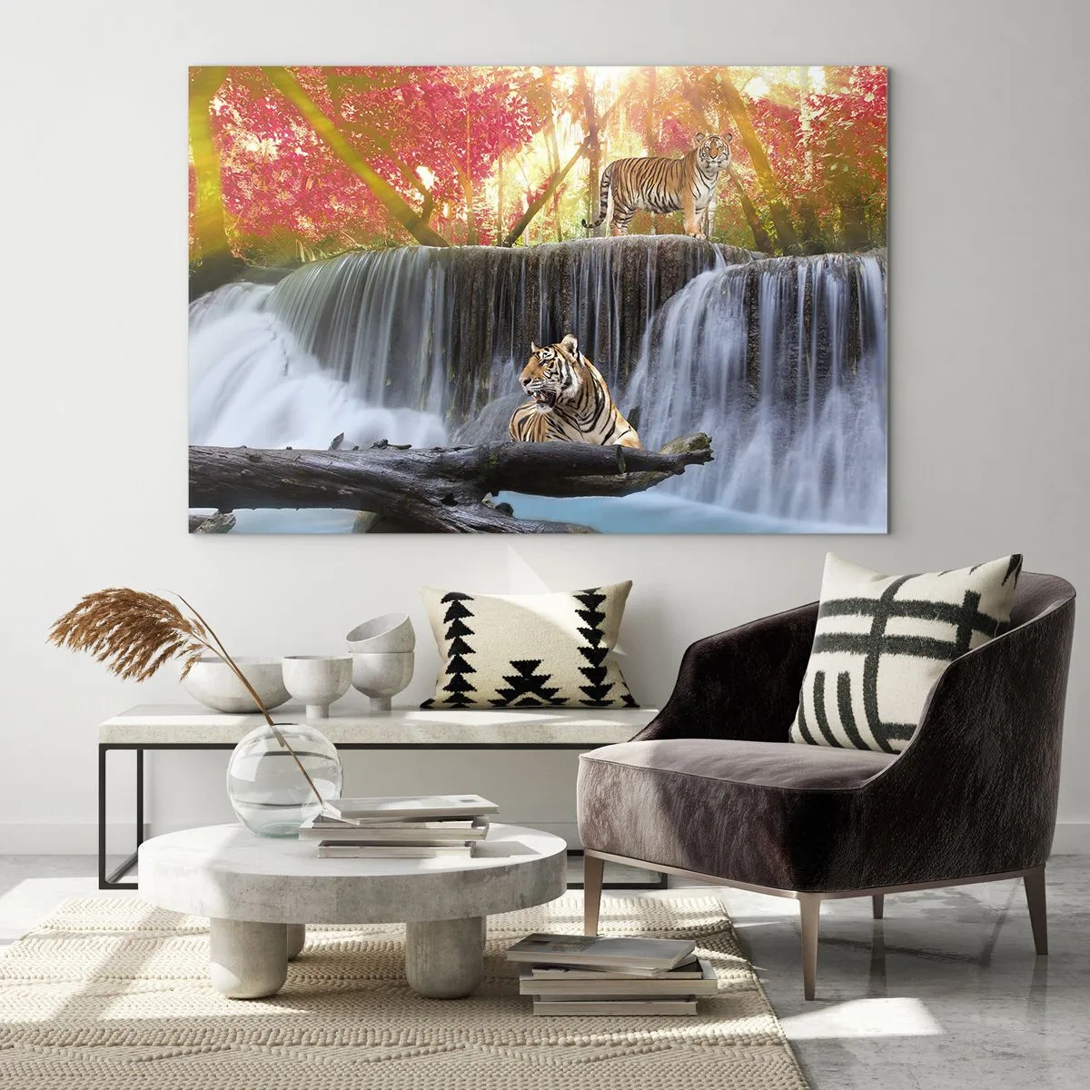 Obraz na skle - Tigre proti vodopádu a jesennej scenérii - 70x50cm - Surrealistická krajina - Moderná nástenná dekorácia do obývacej izby a spálne ARTTOR