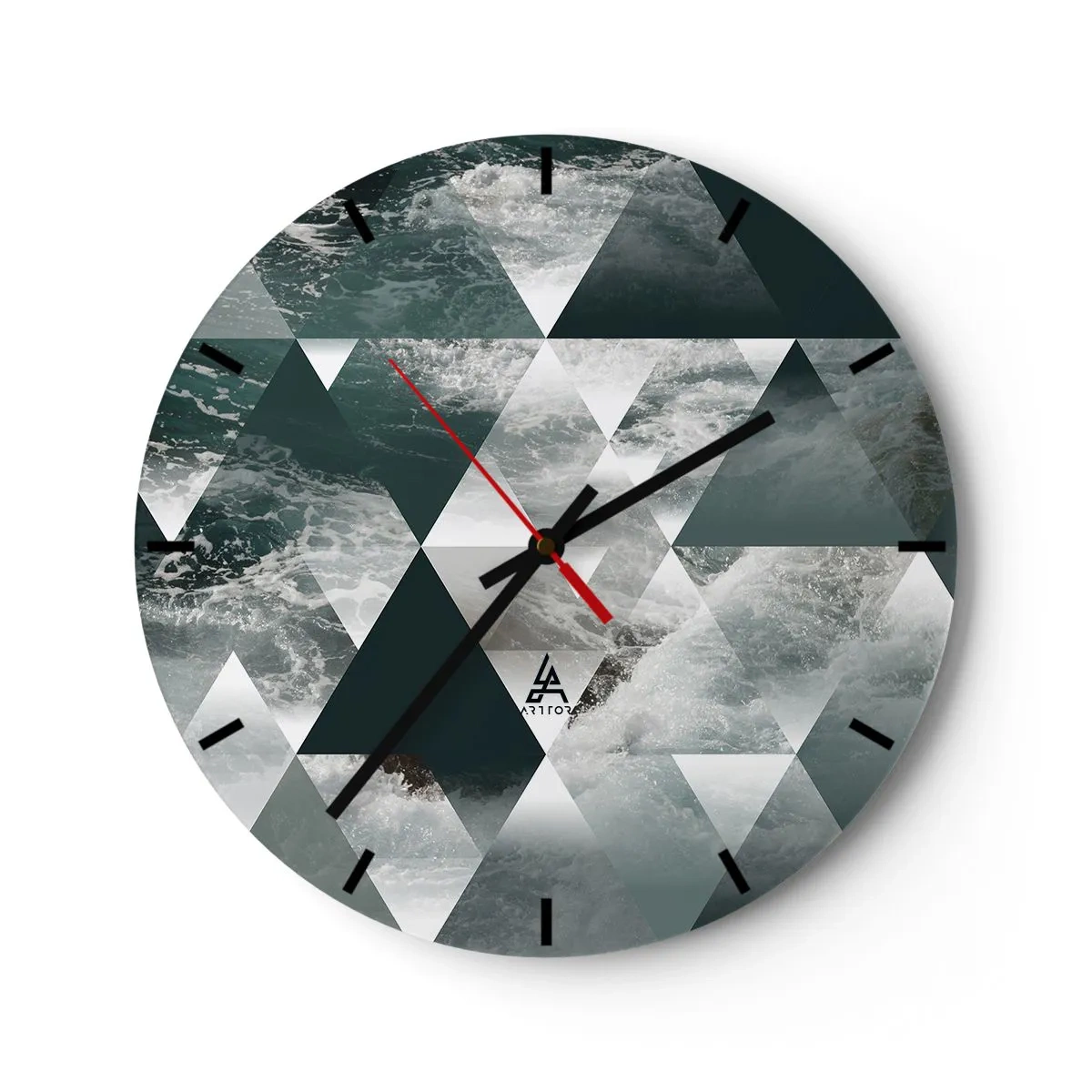 Nástenné hodiny - Geometrické trojuholníky s motívom búrlivého oceánu - 30x30cm - Krištáľová perspektíva - Moderná nástenná dekorácia do obývacej izby, kuchyne a spálne ARTTOR