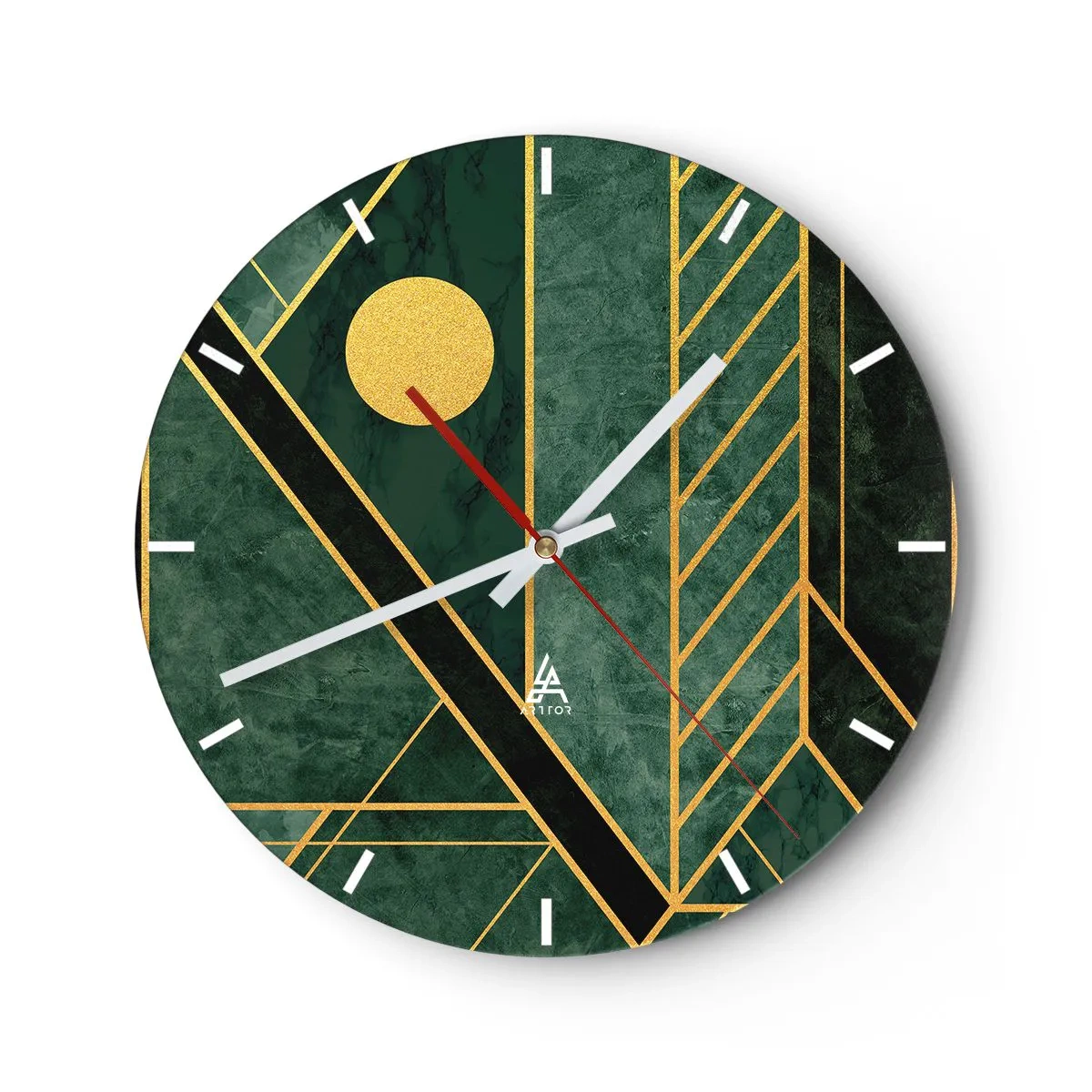 Nástenné hodiny - Zelené pozadie s geometrickými zlatými čiarami a zlatým kruhom - 30x30cm - Dynamika zlata a lazuritu - Moderná nástenná dekorácia do obývacej izby, kuchyne a spálne ARTTOR