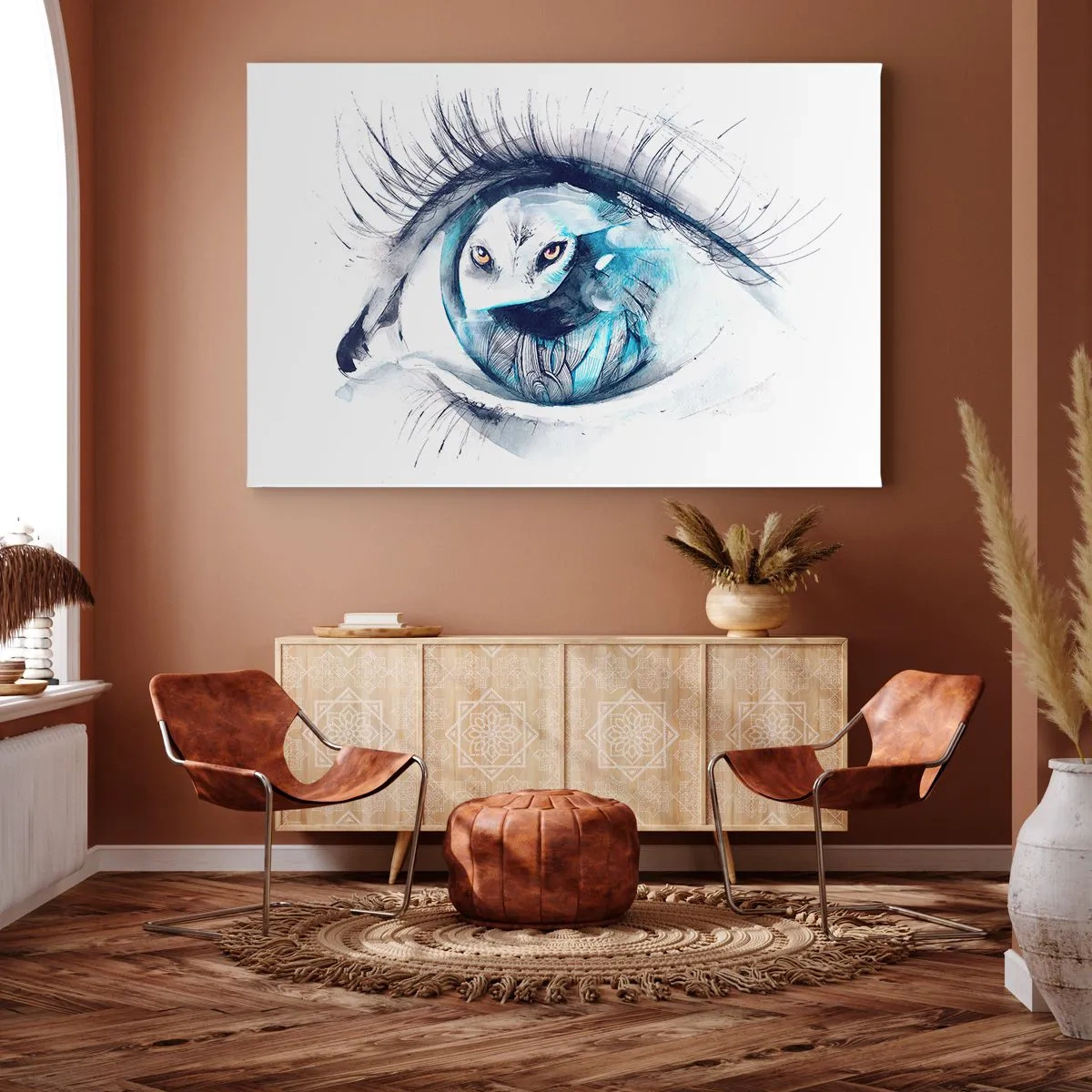 Obraz na plátne - Oko s obrázkom sovy v akvarelových odtieňoch modrej - 70x50cm - Z očí do očí s divočinou - Moderná nástenná dekorácia do obývacej izby a spálne ARTTOR