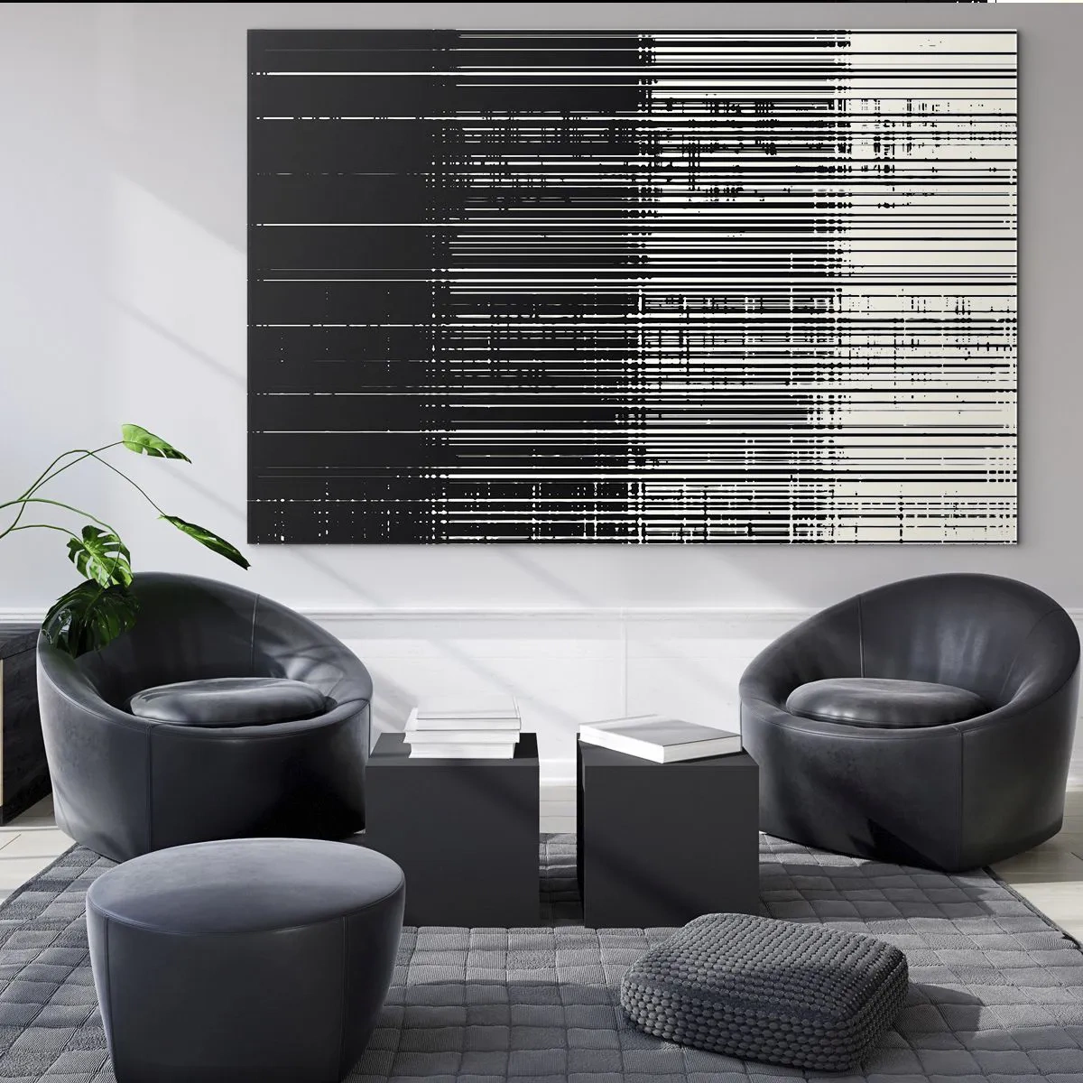 Obraz na skle - Čiernobiela abstrakcia s horizontálnymi čiarami vytvárajúcimi gradient - 70x50cm - Vlny a vibrácie - Moderná nástenná dekorácia do obývacej izby a spálne ARTTOR