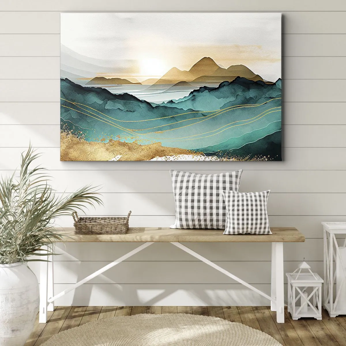 Obraz na plátne - Abstraktná krajina s horami a zlatými akcentmi - 70x50cm - Na pokraji abstrakcie – krajina - Moderná nástenná dekorácia do obývacej izby a spálne ARTTOR